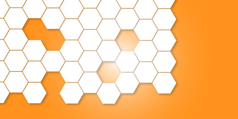 Seamless white geometric hexagon pattern on light orange background. Simple abstract background. Abstract 3D rendering of a textured surface composed of numerous white hexagons. Simple background.