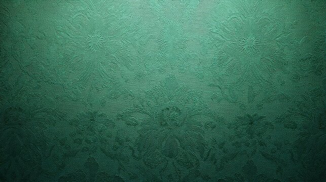 Opulent green damask background with floral arabesque patterns, fine woven craftsmanship, subtle sheen and texture