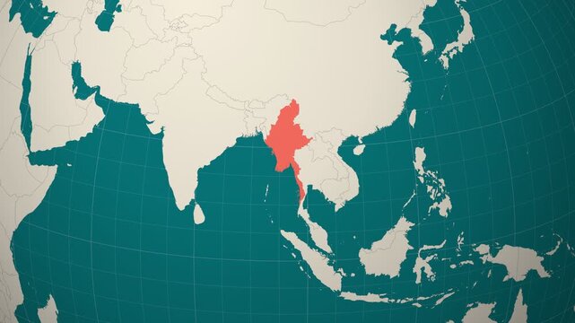 Myanmar map. Animated zoom into the country on the Globe in Teal Pale Mint color palette. Country logo animation. Map with meridians, parallels. Appealing video.