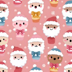 A festive seamless pattern features adorable cartoon Santa Claus figures arranged against a soft pink background sprinkled with delicate snowflakes.