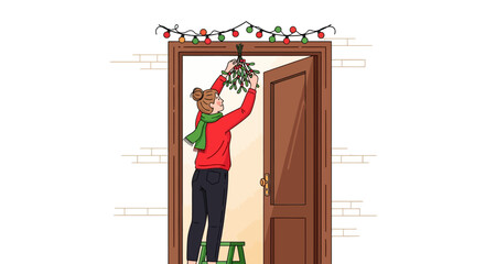 Person Decorating Doorway with Christmas Lights and Mistletoe.