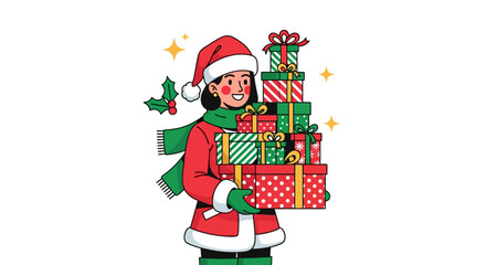 Fototapeta premium Young Woman Wearing Santa Hat Holding Stack of Christmas Presents.