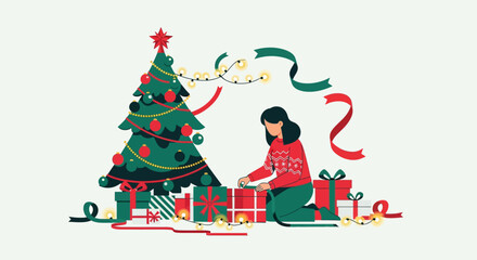 Naklejka premium Woman Decorating Christmas Tree and Wrapping Gifts.