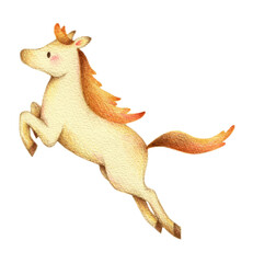 飛び跳ねる白馬　手描き色鉛筆画