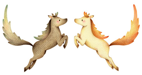 飛び跳ねるしっぽの長い白馬と黒馬　手描き色鉛筆画