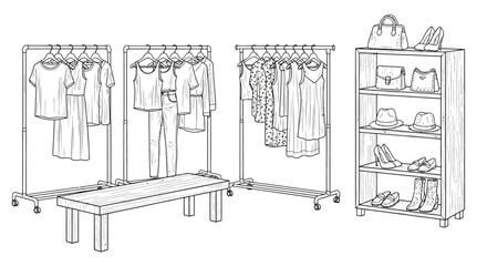 Sketch of clothing rack and shelf with clothes isolated on white background