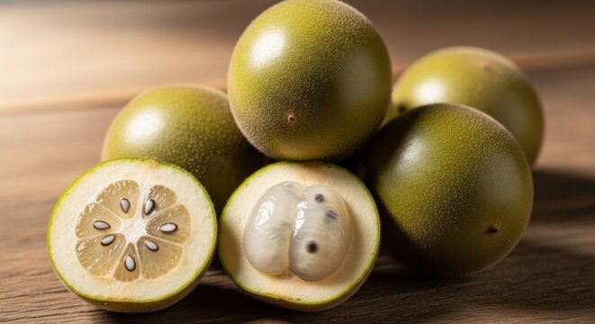 Monk fruit Luo Han Guo natural sweetener close up on wooden surface - Powered by Adobe