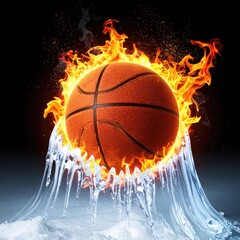 Flaming basketball, ice water below