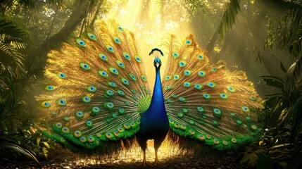 Obraz premium Majestic Peacock Displaying Vibrant Feathers in Lush Jungle Light