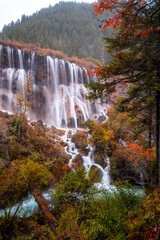 Beautiful autumn waterfall scenery in Jiuzhaigou national park