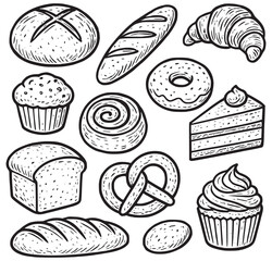 Assortment of Hand-Drawn Bakery Goods and Pastries Line Art Collection Hand-Drawn Bakery Vector | Seamless Cute Dessert Line Art Pattern