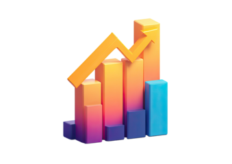 A 3D-rendered chart with rising bars and an upward arrow, representing growth on black
