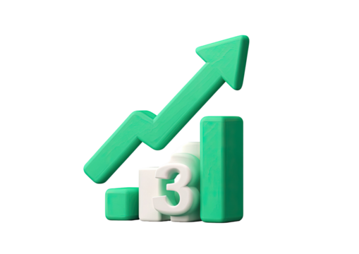 3D rendering of a green upward arrow and bar graph, suggesting growth and success on a black background
