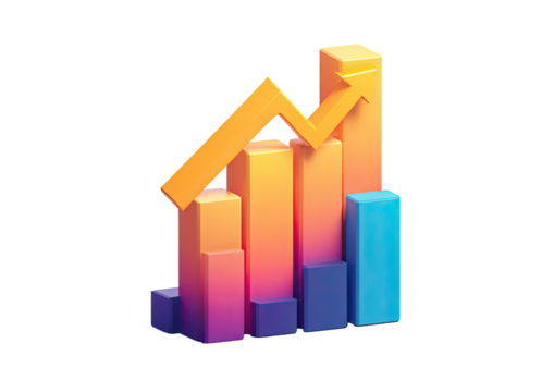 A 3D-rendered chart with rising bars and an upward arrow, representing growth on black