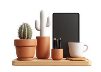 3D rendered workspace with cactus, tablet, pencils, and a coffee mug on wooden shelf