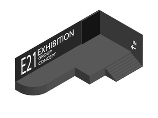 Modern exhibition booth design in isometric view with black walls and stairs, minimal architecture concept for event or gallery layout.