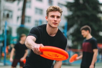 Young man playing frisbee with friends outdoors