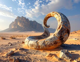 Desert landscape with spiral sculpture