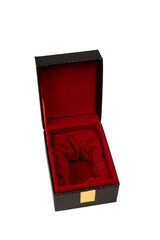 Black empty box covered with red velvet isolated on a white background.