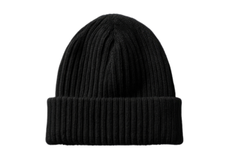 A close-up of a black ribbed beanie hat, isolated on a black background