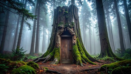 Forest portal tree trunk with door
