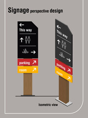 Isometric signage design with direction arrows and icons for parking, restroom, and room areas. Modern wayfinding concept illustration.