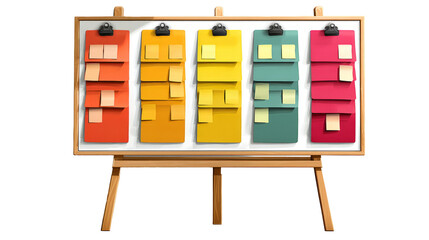 kanban stand-up at board, columns with colored cards