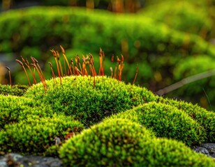 Lush green moss with thin brown stalks