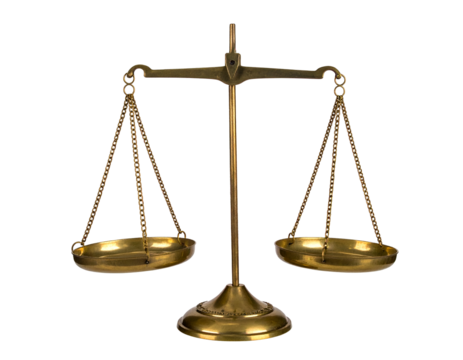 A brass balance scale with two empty pans, symbolizing justice and equity