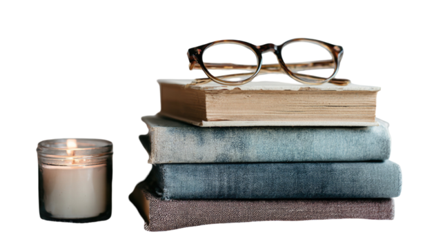 Stack of mental health books with reading glasses and candle showing calm relaxation and mindfulness concept on white background