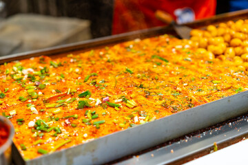 Fried tofu sold in an ancient town in chengdu, China