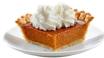 Slice of pumpkin pie topped with a dollop of whipped cream showing sweet dessert and autumn flavor on white background