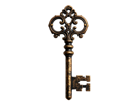 An ornate antique bronze key on a black background, with detailed scrollwork