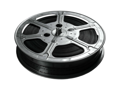 Metallic film reel filled with dark film, isolated on a black background