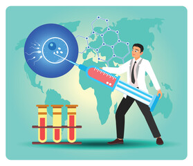 Artificial reproduction. Scientist Demonstrates Global Medical Research With Large Syringe Molecules