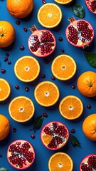 Oranges and pomegranate on blue flatlay