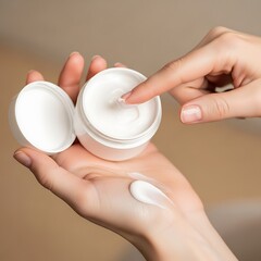 Woman's hand applying white cream from jar to her skin