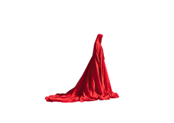 A red draped figure in a hooded robe against a black background, flowing fabric