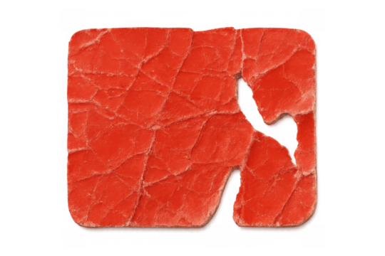Red torn paper sticker with rough texture and ripped edges, creating an empty space, transparent background
