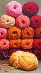 Piled yarn balls in warm hues, painterly