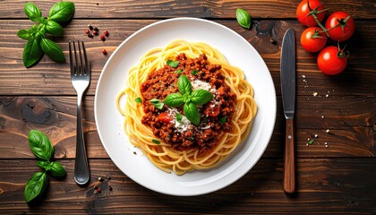 Pasta with meat sauce on wooden board