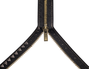 Black leather zipper on a solid black background, angled open