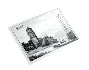 A black and white depiction of a grand building in a landscape on a rectangular card