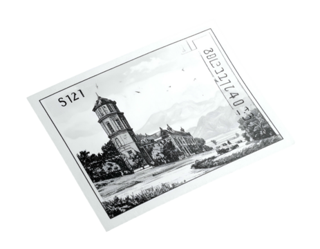A black and white depiction of a grand building in a landscape on a rectangular card