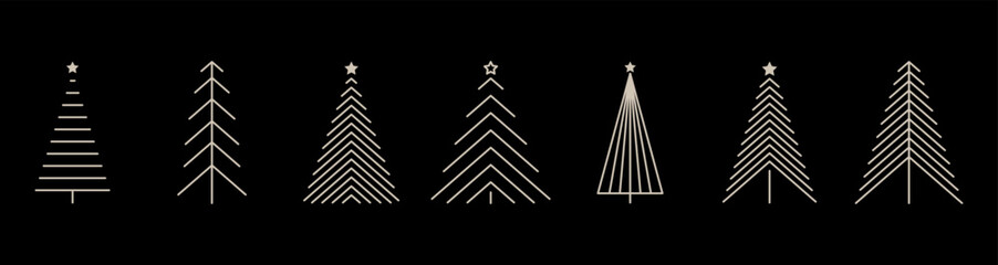 A set of different abstract golden graphic Christmas trees. A New Year's holiday element. Line drawing for decoration, design, poster, postcard. The icon is isolated on a black background, vector 