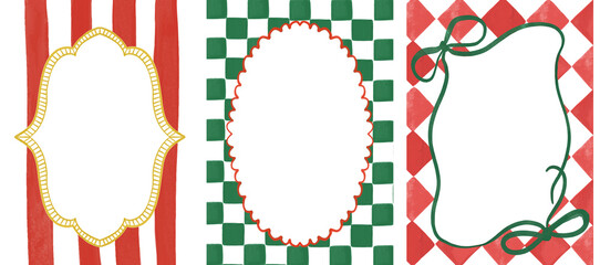 Set of three hand drawn watercolor background template with frames for festive invites, cards, posters. Red, green borders for christmas decor. 