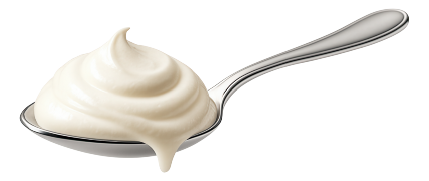A dollop of creamy mayonnaise on a shiny silver spoon with a smooth swirl texture.