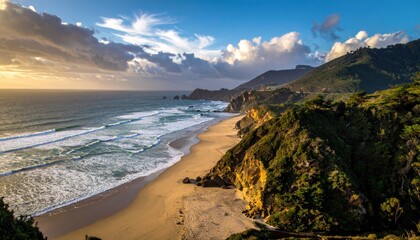 Coastal scene at dawn, waves meeting sand