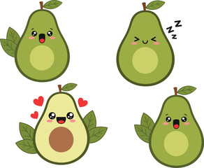 Cute avocado cartoon vector illustration with different faces