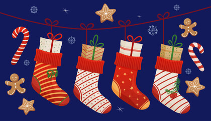 Christmas stockings with presents, blue background, holiday decoration and festive celebration